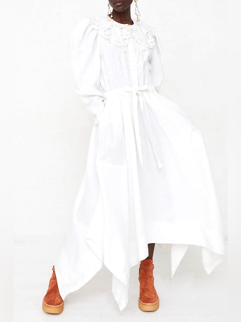 ULLA JOHNSON Fiona Midi Dress Bone White 100% Linen Size 8 Crochet Collar Tie - Picture 1 of 16
